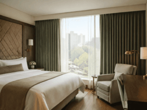 Fire retardant curtains installed in hotel guest room meeting hospitality compliance standards