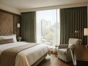 Canadian boutique hotel guest room with green pinch pleat curtains