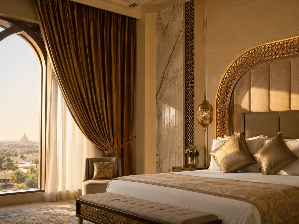 Middle East 5-star hotel suite with bronze blackout curtains and warm golden hour daylight