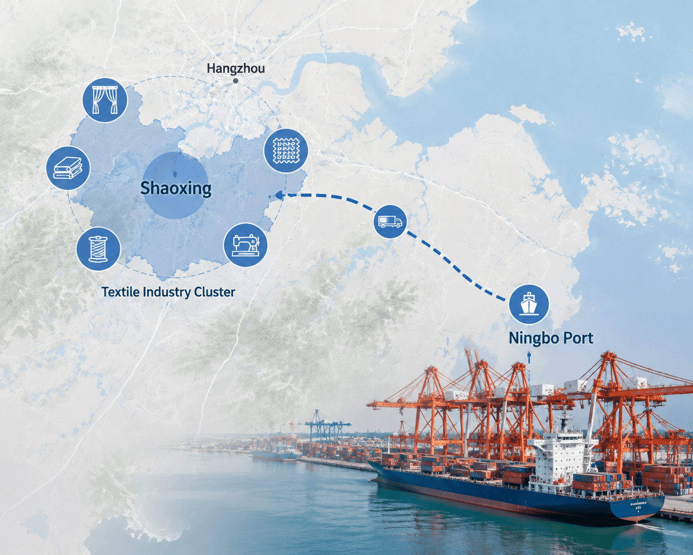 Shaoxing textile cluster and Ningbo Port shipping route in Zhejiang, China