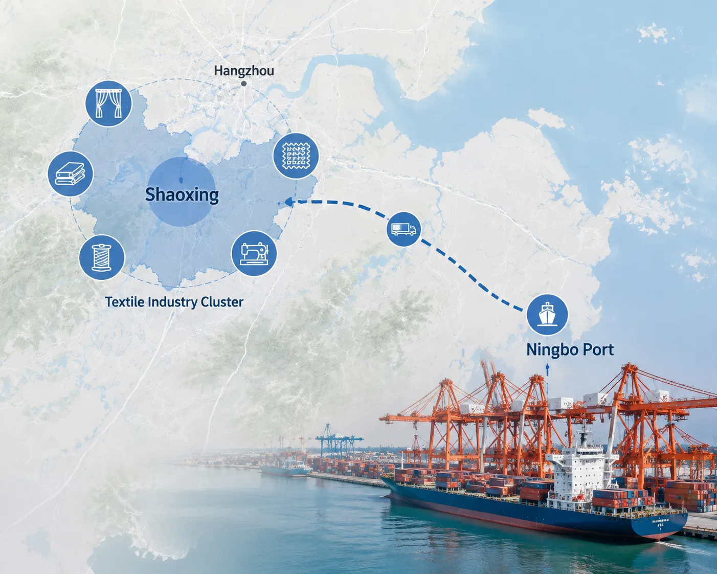 Shaoxing textile cluster and Ningbo Port shipping route in Zhejiang, China