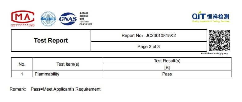 NFPA 701 fire retardant test report and certification documents from third-party labs