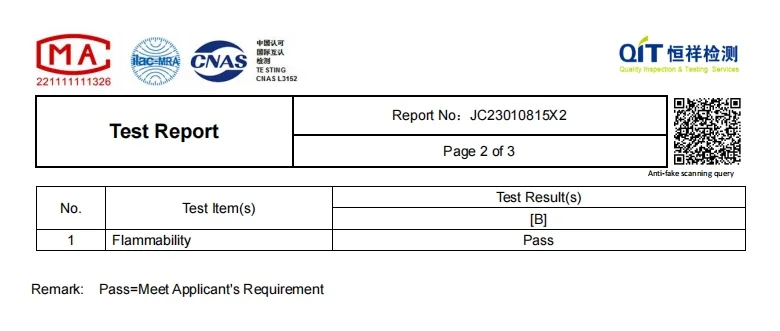 NFPA 701 fire retardant test report and certification documents from third-party labs