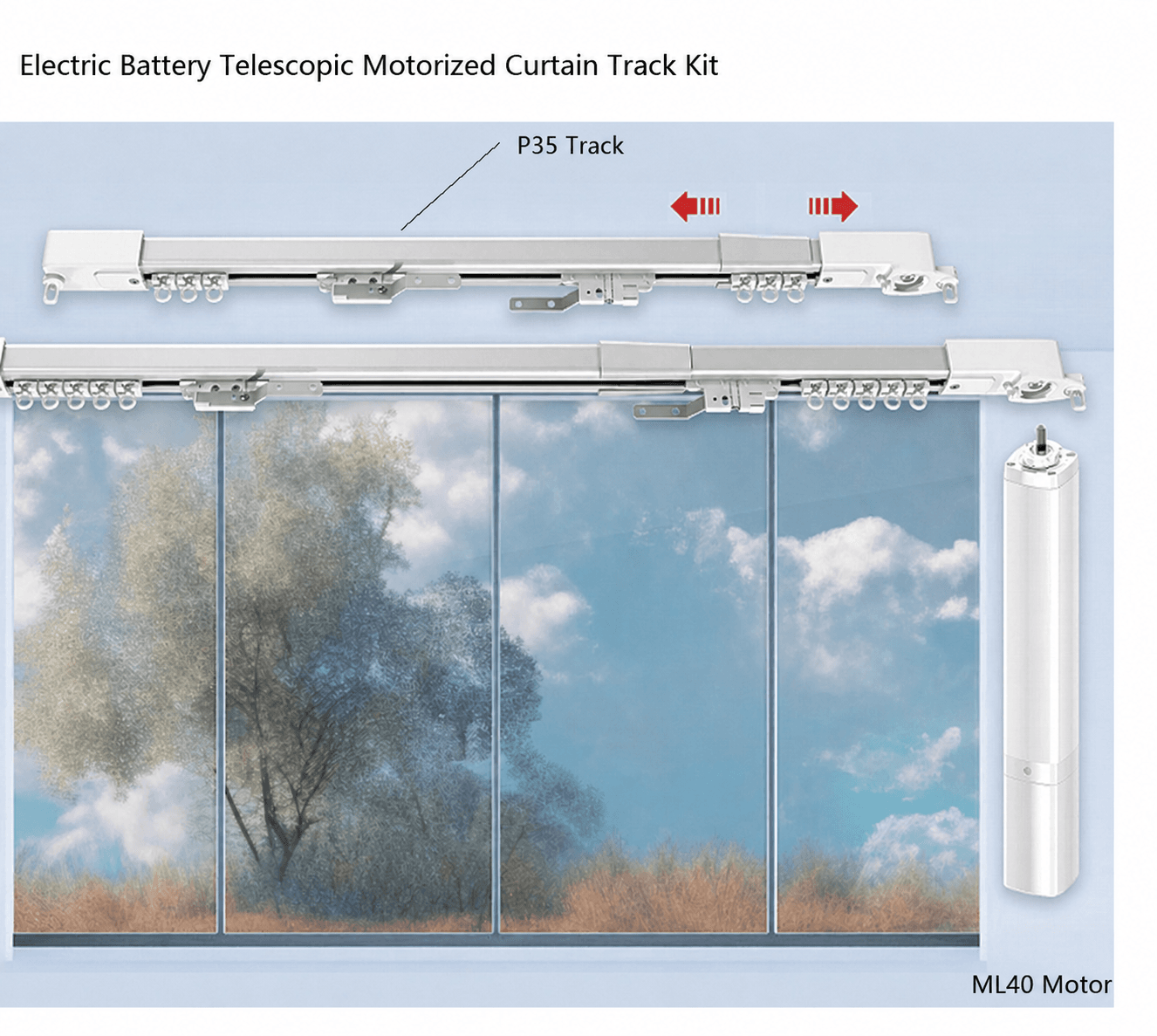 Telescopic motorized curtain track kit