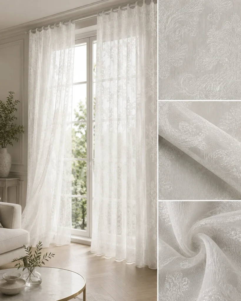 090-1 tonal botanical patterned sheer curtain fabric, 150 GSM, 280 cm wide