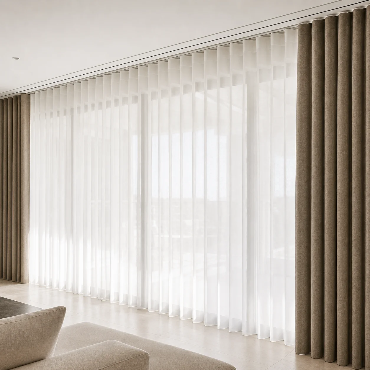 Full-height sheer and blackout curtains on a ceiling track across a wide living room window