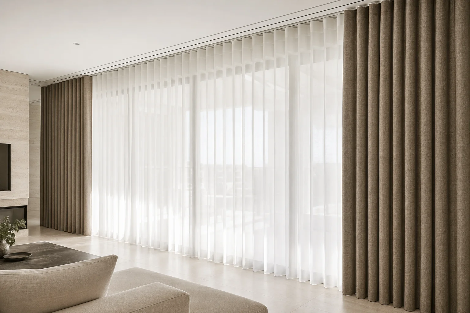 Ceiling curtain track with sheer and blackout curtains across a full-height living room window