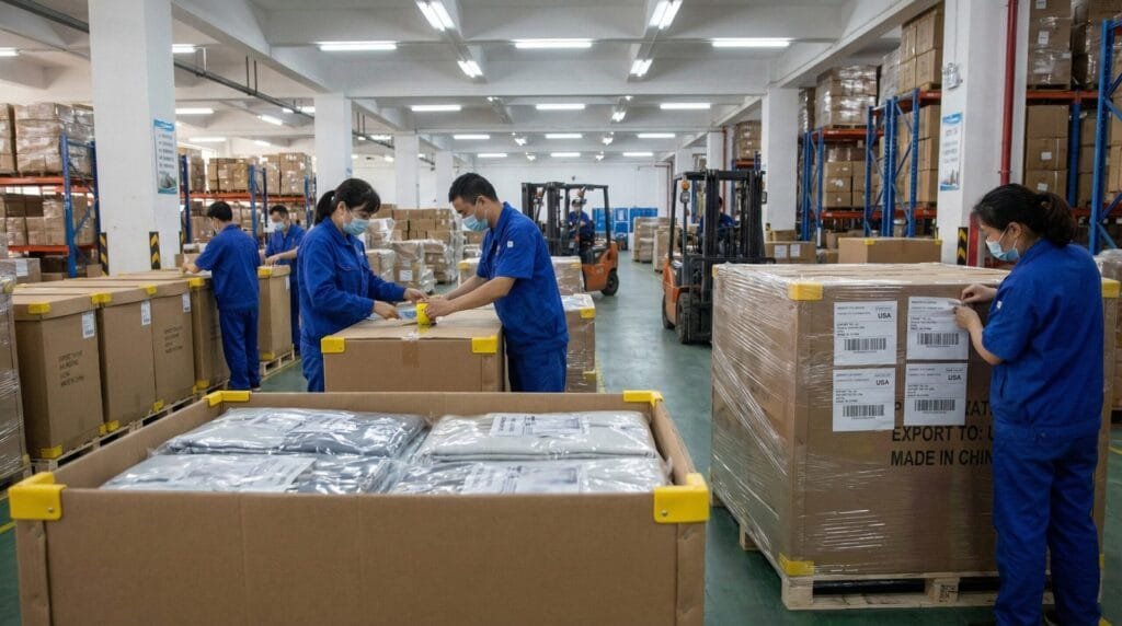 Curtain export packaging and master cartons prepared for shipment review