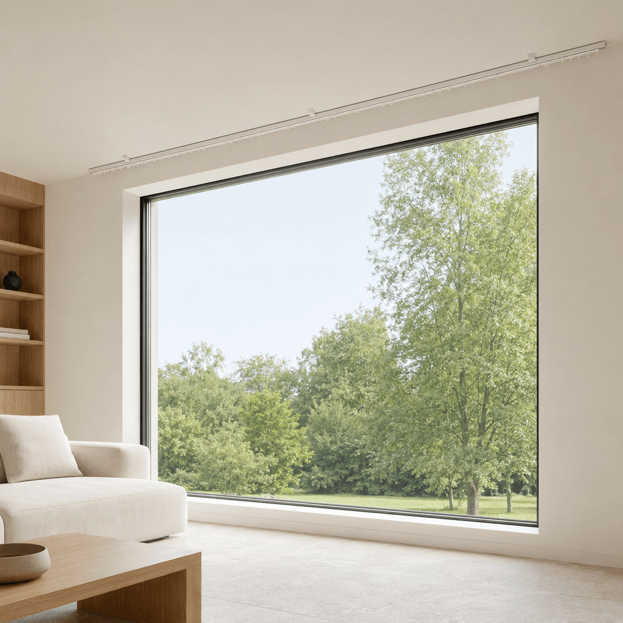 Ceiling-mounted manual curtain track above a large picture window