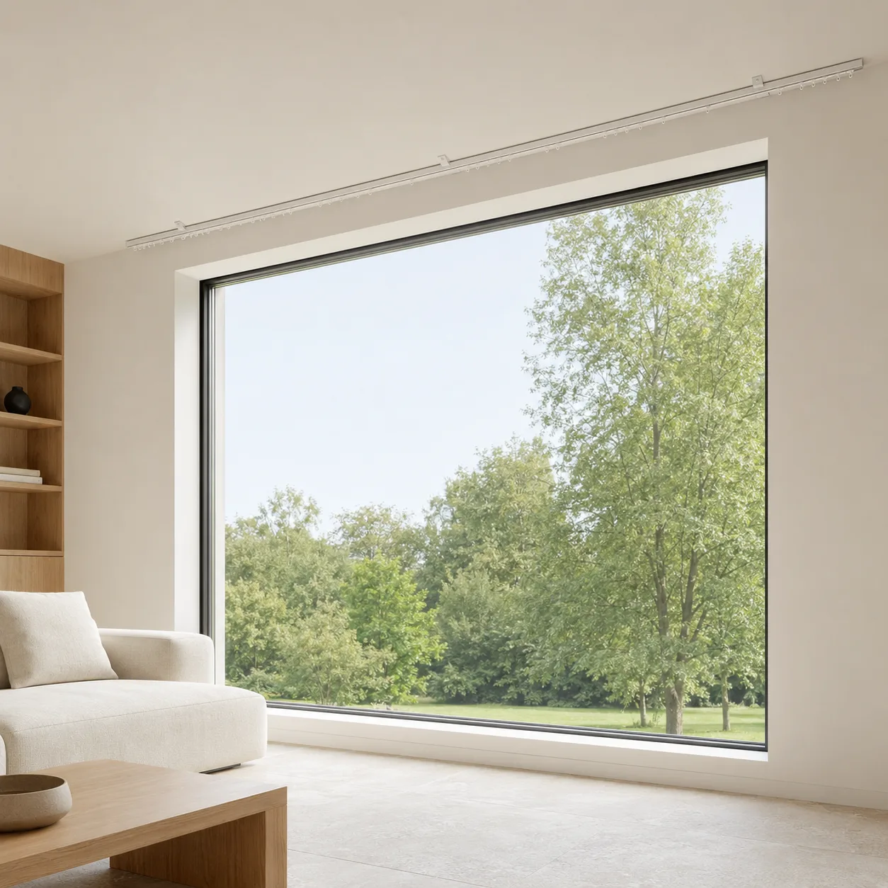 Ceiling-mounted manual curtain track above a large picture window