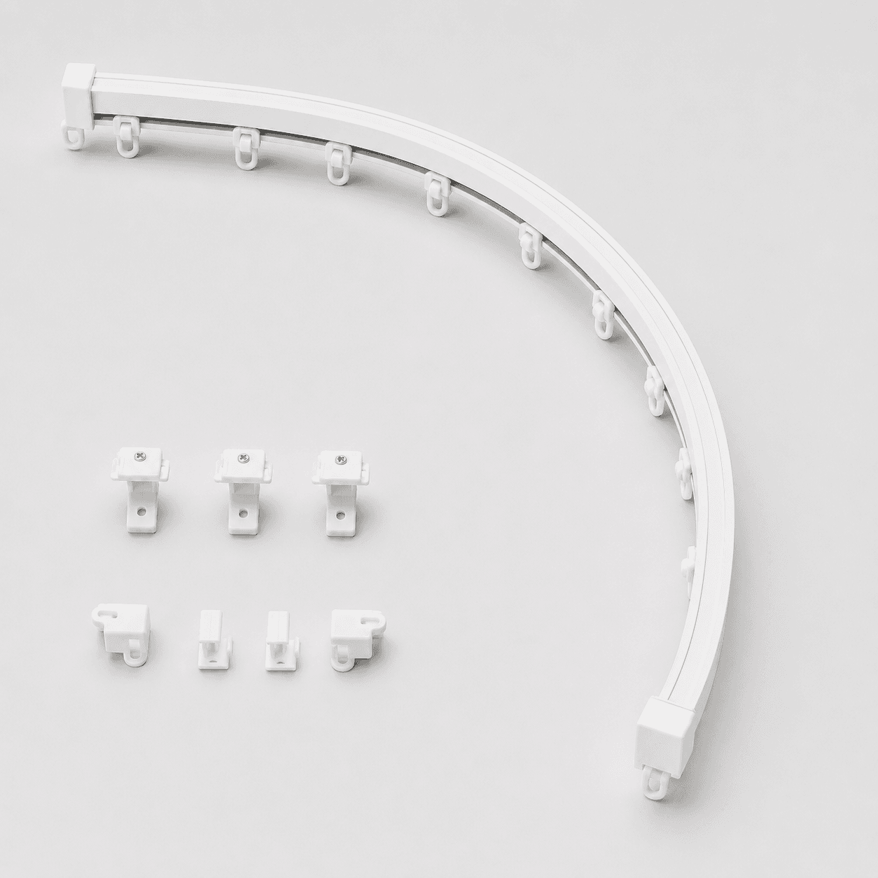 Curved curtain track with gliders, ceiling brackets and end caps