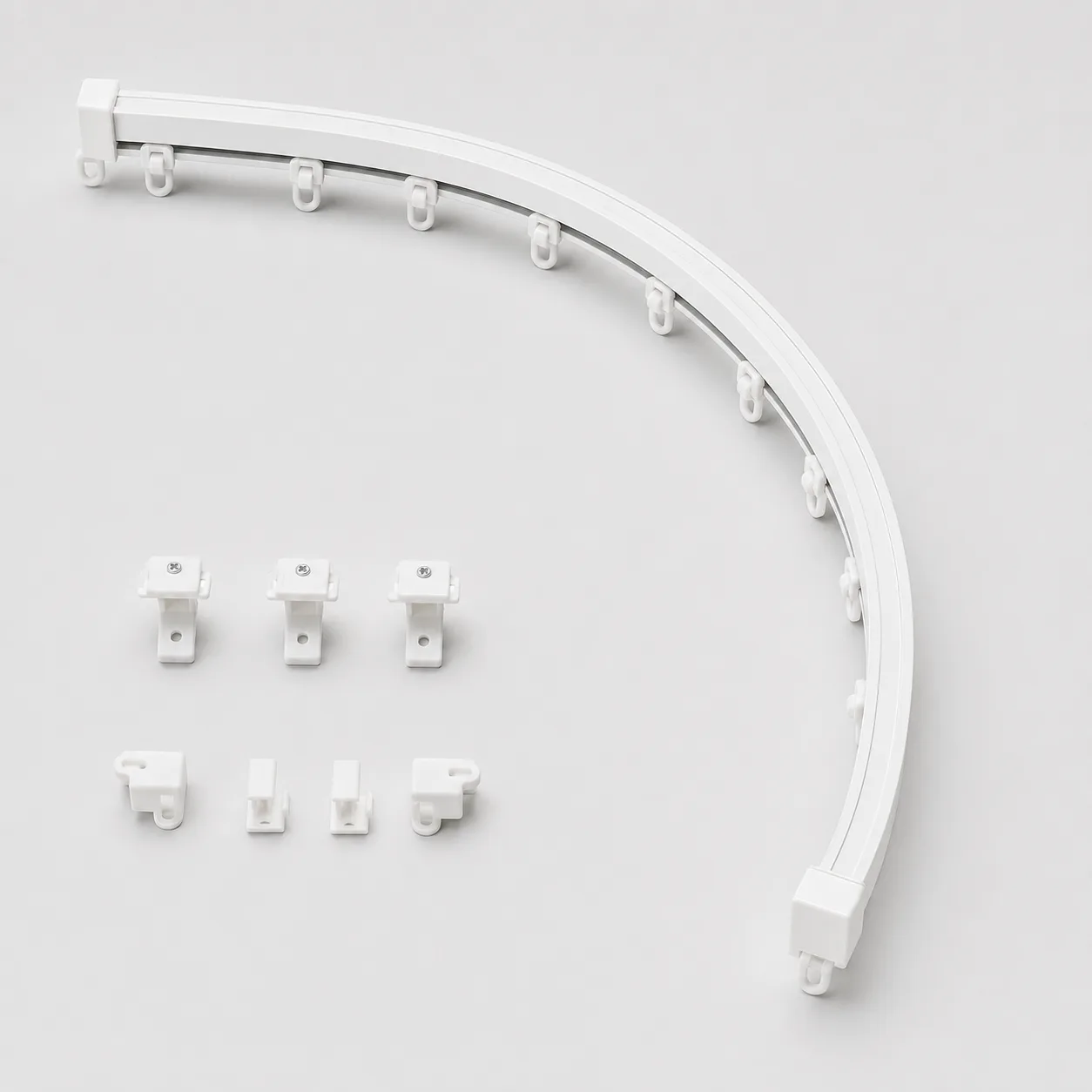 Curved curtain track with gliders, ceiling brackets and end caps