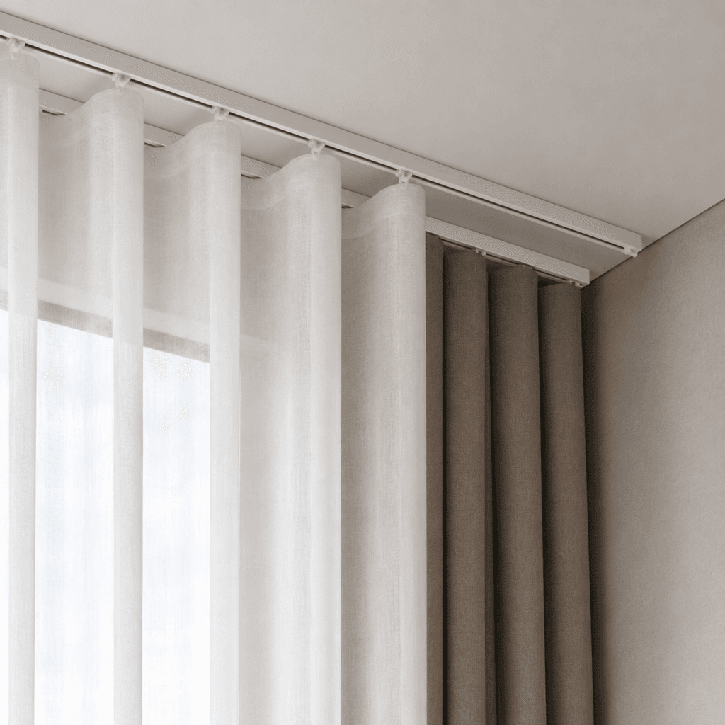 Double curtain track carrying a sheer layer and a blackout layer in wave heading