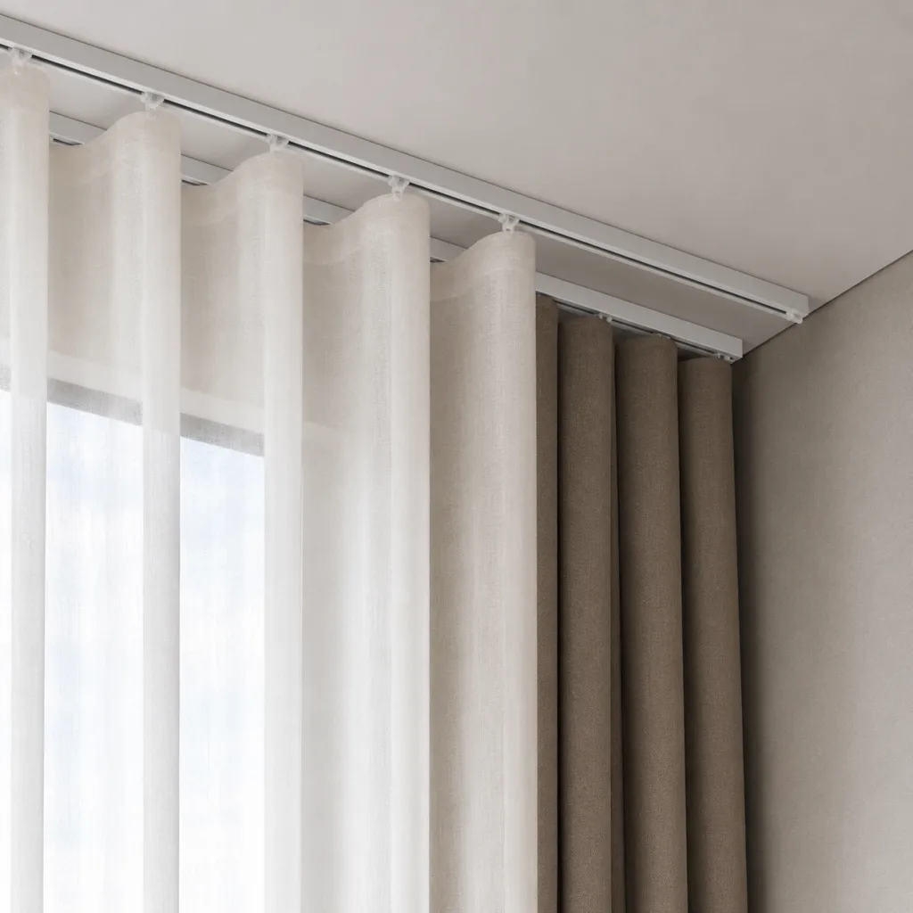 Double curtain track carrying a sheer layer and a blackout layer in wave heading