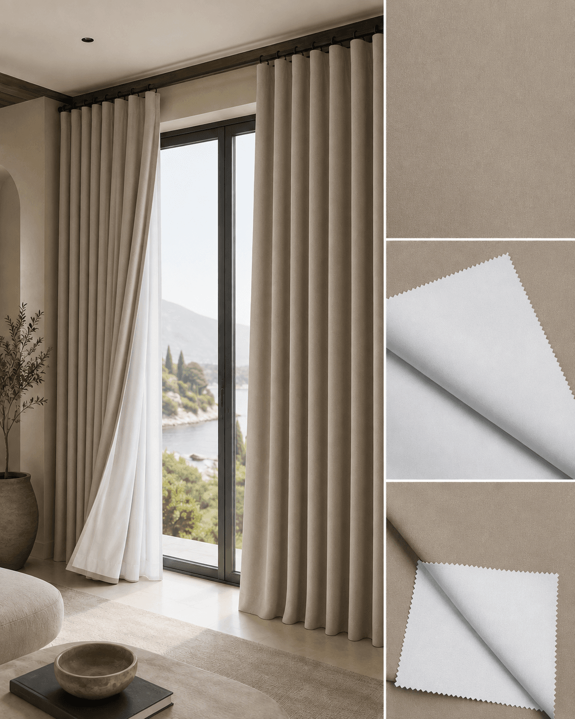 DR-25-28 100% blackout curtain fabric 200 GSM, scene with texture and back detail