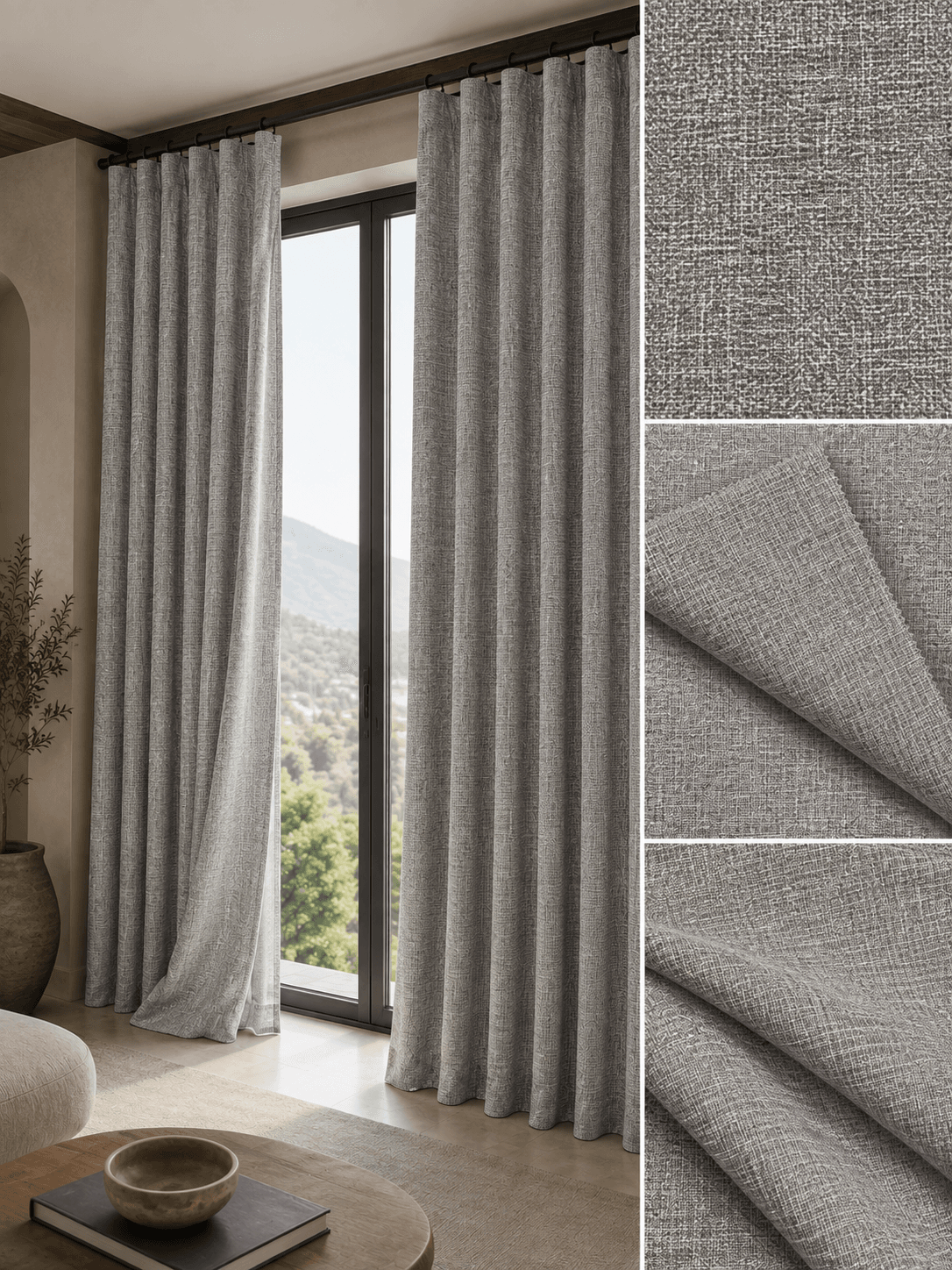 DR-26-17 100% blackout curtain fabric 280 GSM, scene with texture and back detail