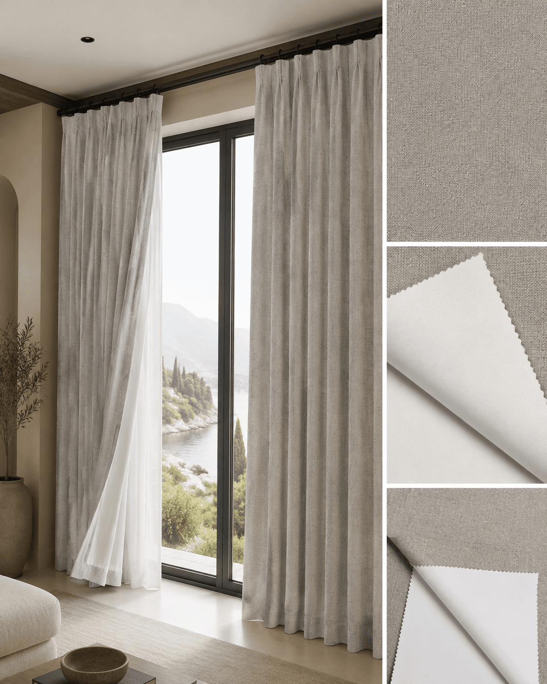 DR-26-23 100% blackout curtain fabric 285 GSM, scene with texture and back detail
