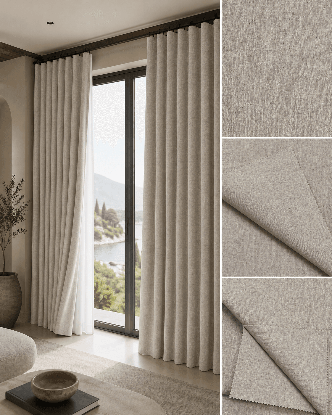 DR-26-6 100% blackout curtain fabric 220 GSM, scene with texture and back detail