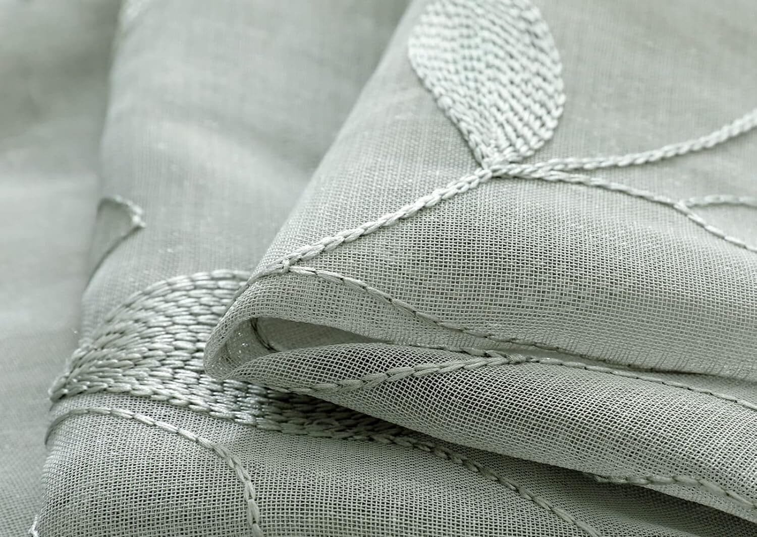 Close-up of embroidered sheer fabric stitches and base cloth