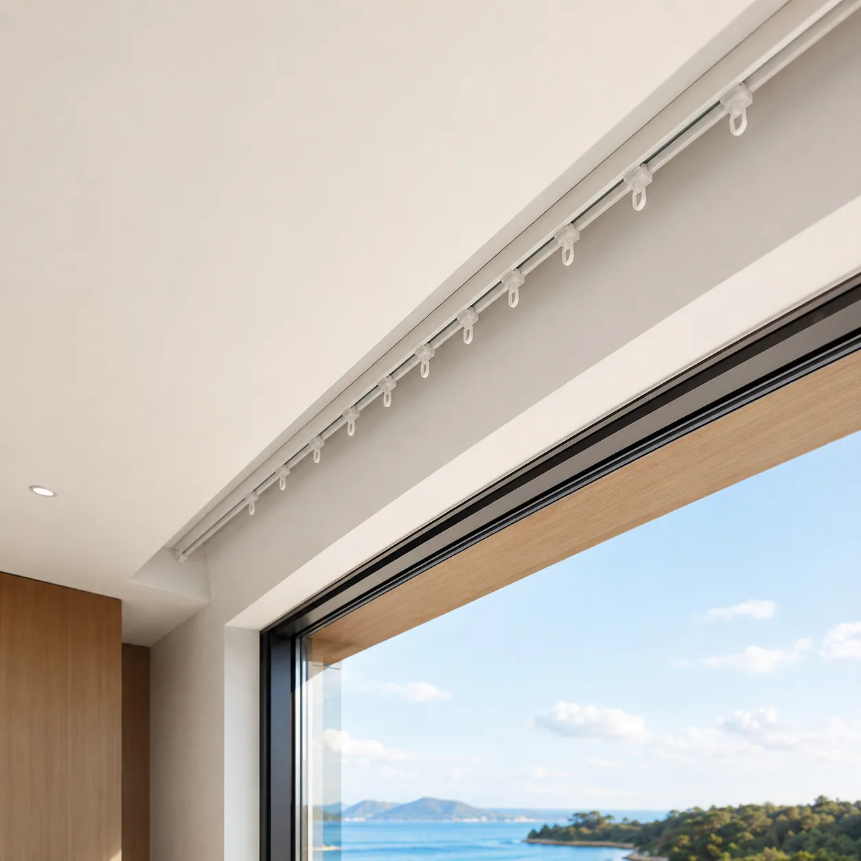 Recessed ceiling curtain track with gliders above a panoramic window