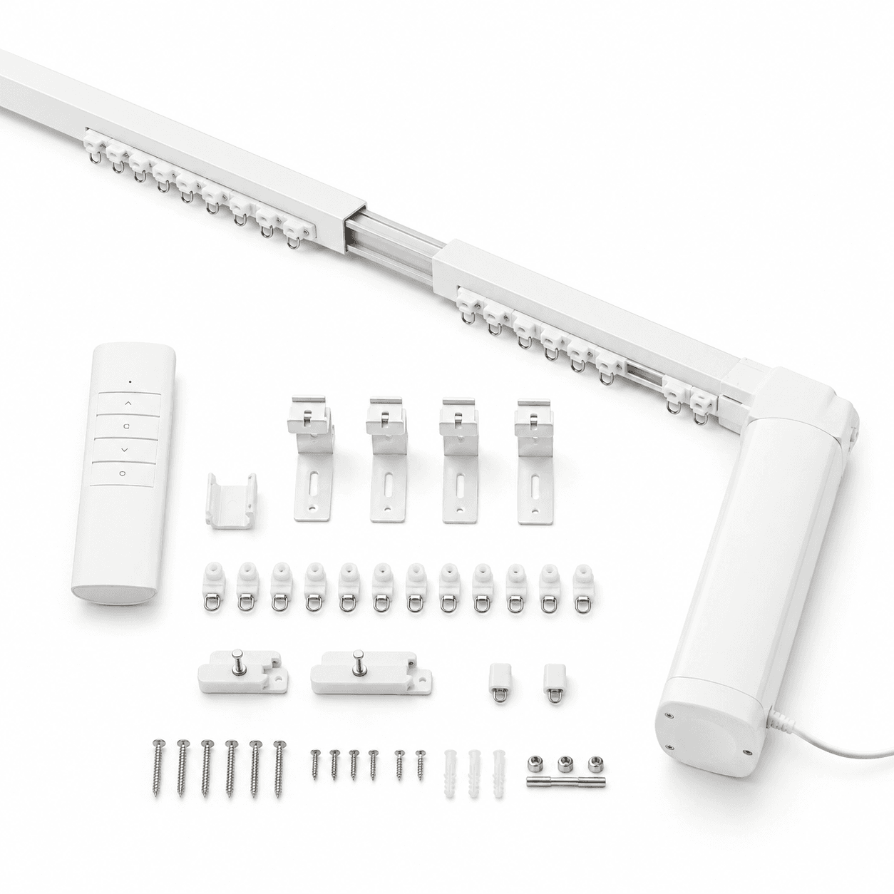 Telescopic motorised curtain track kit with motor, remote, brackets, runners and fixings
