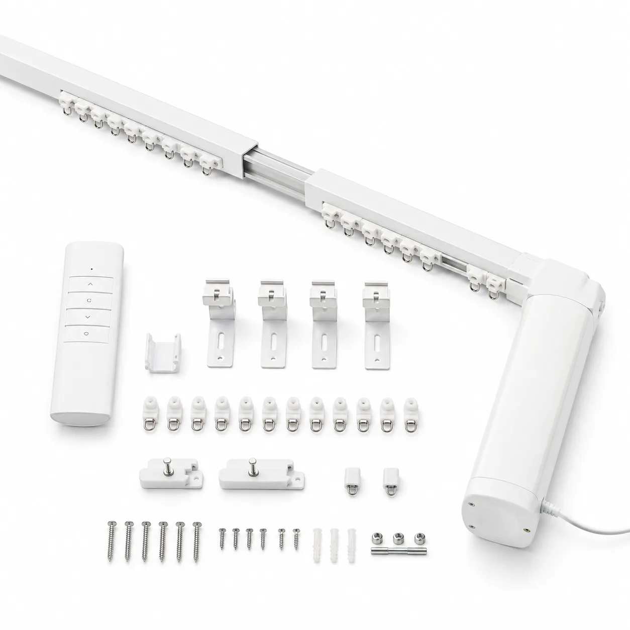 Telescopic motorised curtain track kit with motor, remote, brackets, runners and fixings