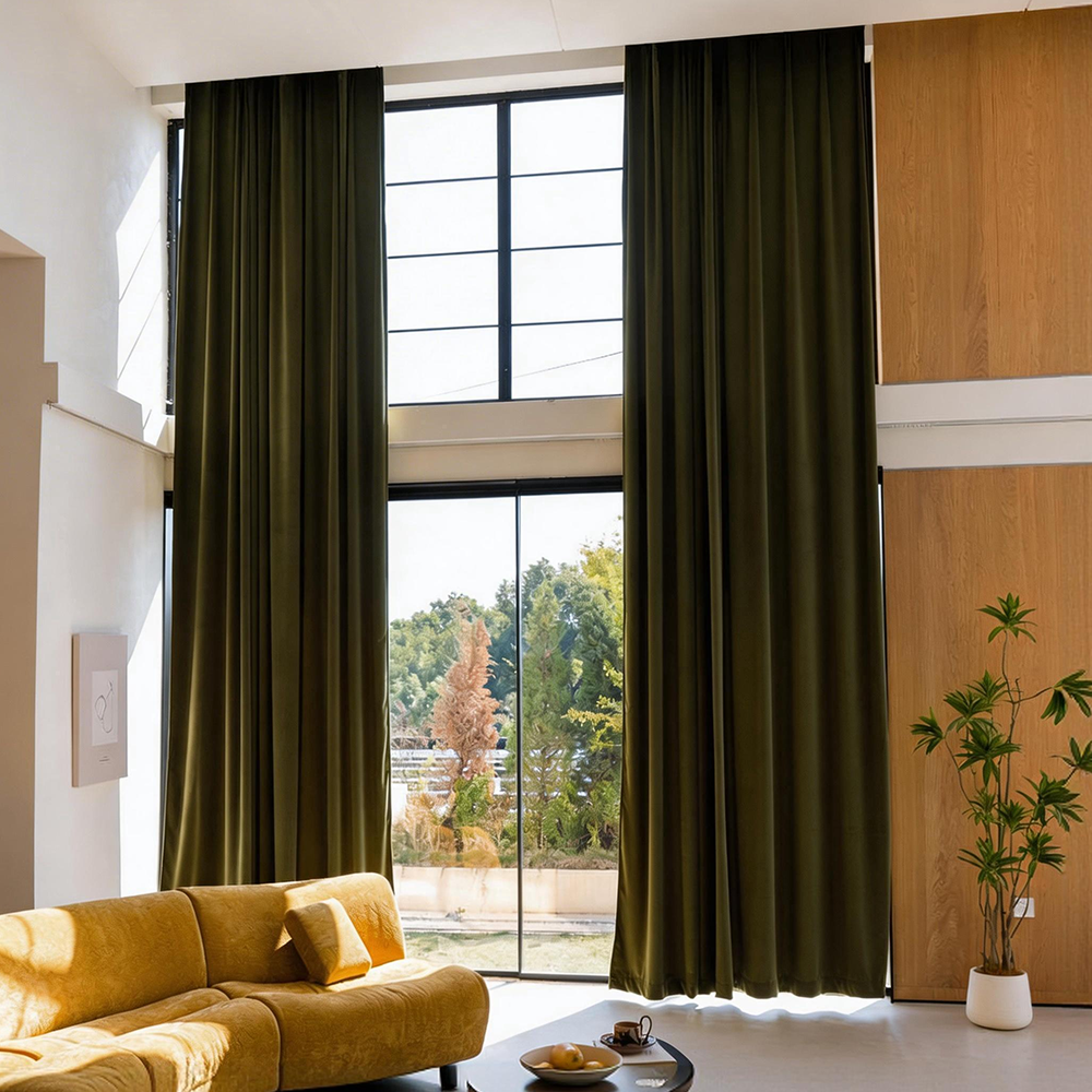 Full-height velvet curtain panels for pre-production sample review
