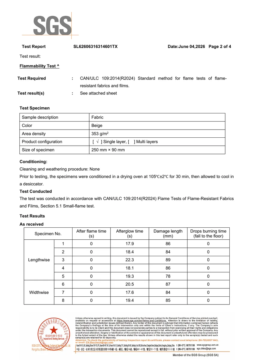 SGS CAN/ULC-S109 curtain fabric test report
