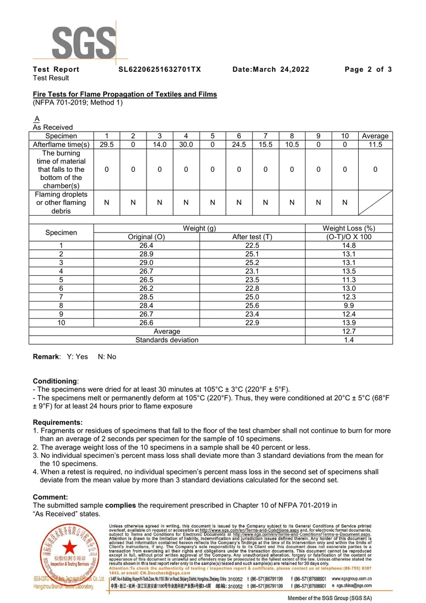 SGS NFPA 701 curtain fabric test report